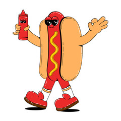 Funny Hot Dog mascot in retro cartoon style. Vector illustration of Sausage with Mustard character on white isolated background.