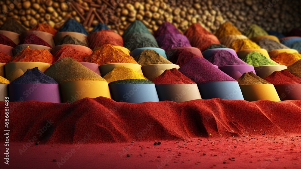 Poster a wall texture with a 3d visualization of a vibrant spice bazaar, powders and seeds piling in colorf
