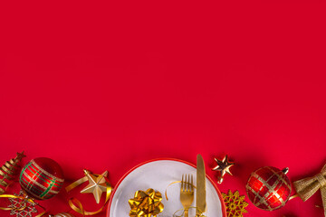 Christmas and New Year holiday table setting greeting card background, festive dinner brunch...