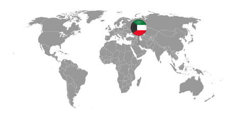 Pin map with Kuwait flag on world map. Vector illustration.