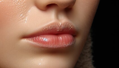 This image captures the delicate condition of a woman's chapped lips, highlighting the fine lines and parched texture that call for nourishing care. 