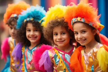 Purim carnival concept - happy festive children wear bright costumes - 686662007