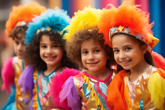Naklejki Purim carnival concept - happy festive children wear bright costumes