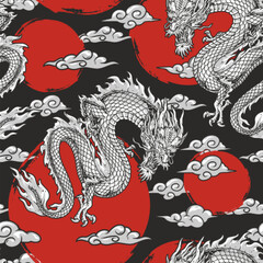 Japanese dragons colorful seamless pattern