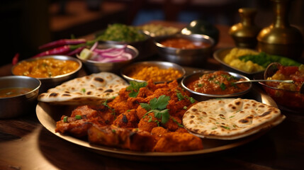 Assorted indian food on  restaurant table. Indian cuisine