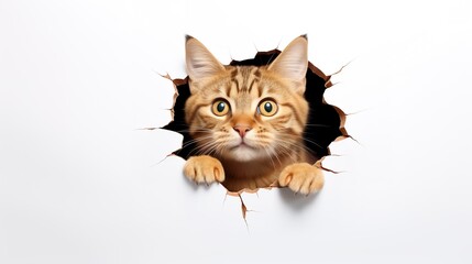 emotions curiosity surprise joy
wall hole gap crack debris
curious emotional cat looks out a hole in the wall, on a white background