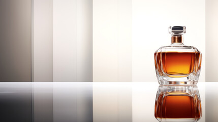 Beautiful bright minimalist background with transparent decanter of whiskey, cognac or bourbon with empty space for text or inscriptions, front view.generative ai
 - obrazy, fototapety, plakaty