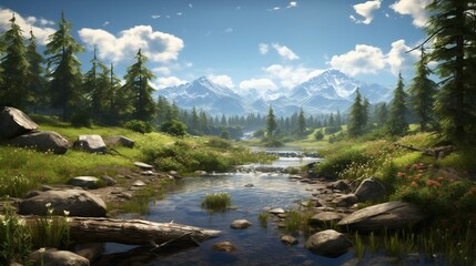 natural scene illustration of mountains and river, forest scene nature view