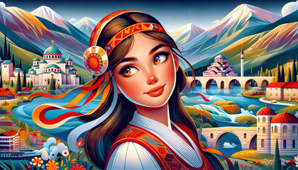 Animated-style portrait of a girl from North Macedonia, designed as a desktop wallpaper in a 16:9 aspect ratio. 