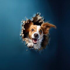 curious surprised emotional dog looks out a hole in the wall, on a blue background