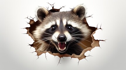 surprised curious raccoon looks out of a hole, on a white background