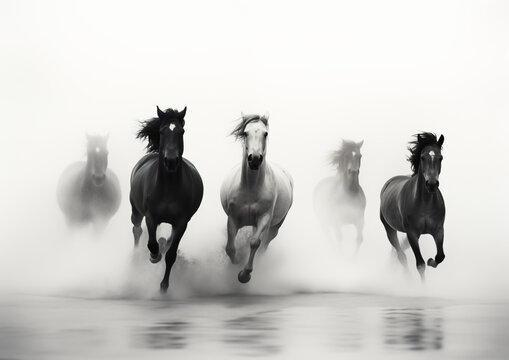 a group of horses running in the water