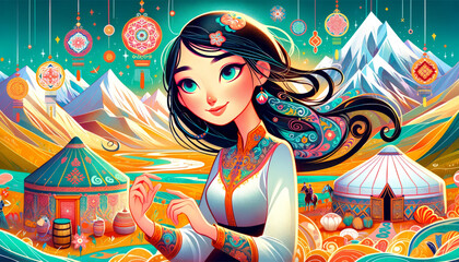 Obraz na płótnie Canvas Animated-style portrait of a girl from Kyrgyzstan, designed as a desktop wallpaper in a 16:9 aspect ratio. 