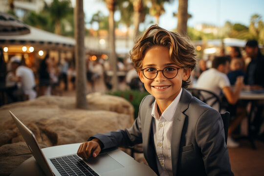Fashionable school boy in sunglasses, working on a laptop against the background of tropical hotel . Concept of leisure and travel. AI Generative