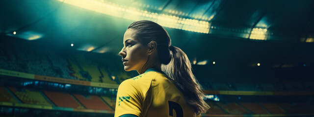 happy female soccer player celebrating win with hands up