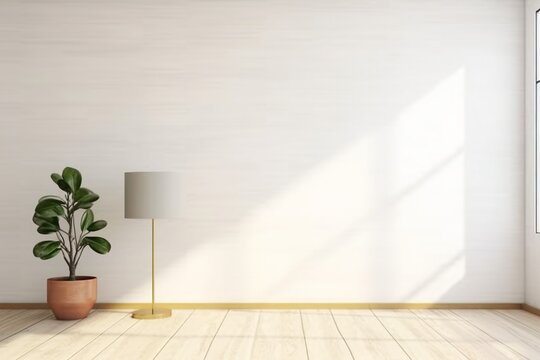 Lamp and a plant in an empty room wall mockup. generative ai.
