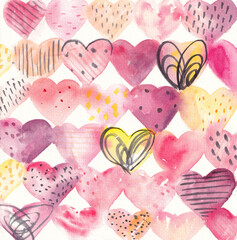 Watercolor hearts background. Pink watercolor heart pattern. Colorful watercolor romantic texture.