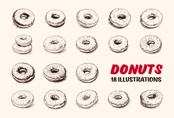 Collection of drawn donuts. Sketch illustration	

