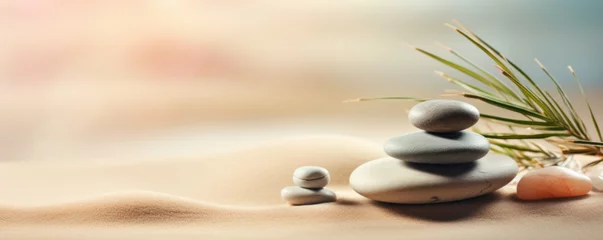 Photo sur Plexiglas Pierres dans le sable Stacked zen stones sand background art of balance concept banner