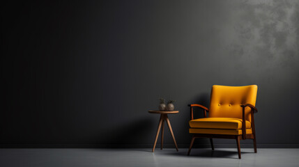 Empty living room wall mockup with modern orange armchair