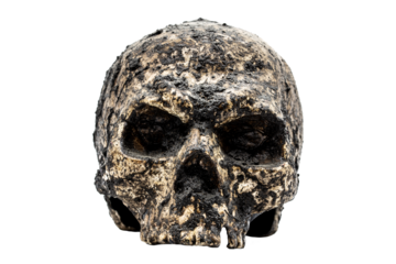 single dirty human skull with earth on top