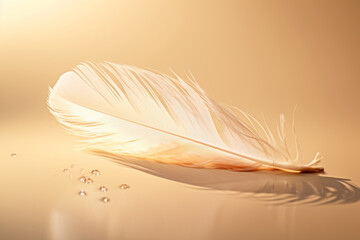 Beautiful white feather on a mirror table with yellow colors, lightness motif.generative ai