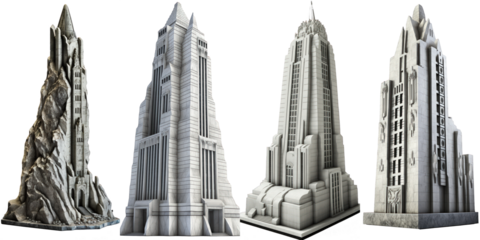 Elegant stone skyscraper graphic, full-scale, against a clear backdrop, showcasing its intricate architecture and towering presence.