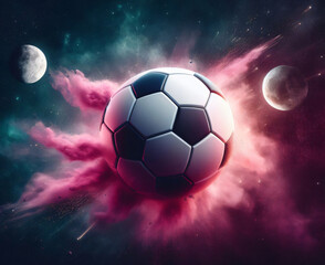 Fototapeta premium Soccer ball as a planet in space with pink smoke and explosions, with the moon in the background, digital art