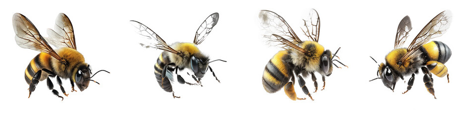 A strikingly realistic depiction of a bee in flight, meticulously detailed and set against a seamless transparent background. - obrazy, fototapety, plakaty