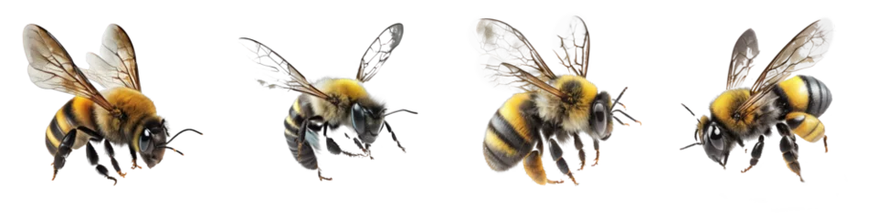 Papier Peint photo autocollant Abeille A strikingly realistic depiction of a bee in flight, meticulously detailed and set against a seamless transparent background.