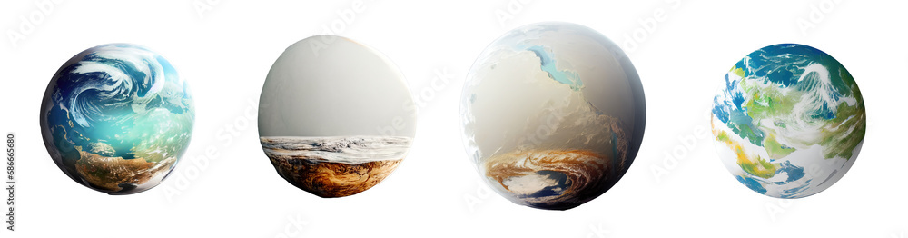 Poster realistic earth graphics, showcasing continents and oceans with detailed textures, placed on a trans