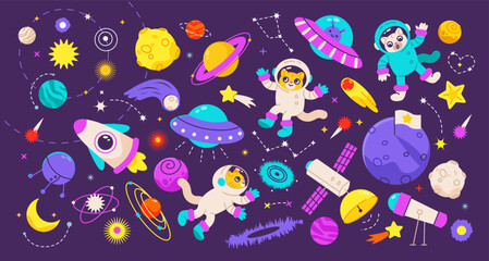 Cute kids space with cats astronauts. Cheerful cat in fantastic galaxy. Flat vector set with planets, spaceships and flying saucers. © vik.stock