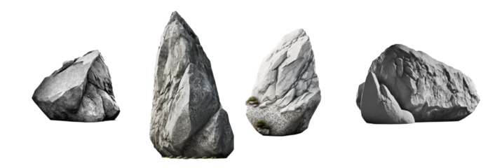A collection of life-like rock formations meticulously designed for versatility, each positioned against a clear backdrop for seamless integration.