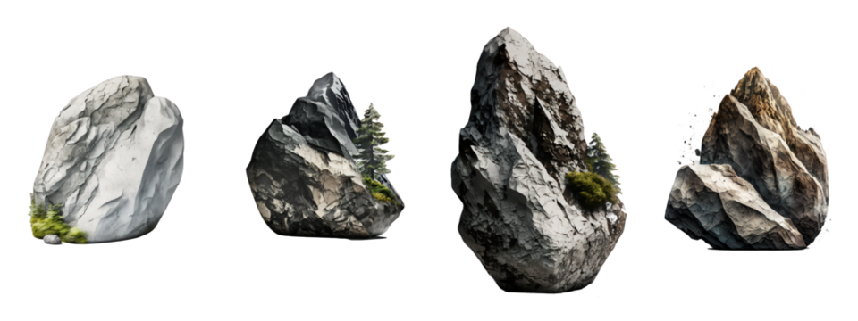 Assorted realistic rock shapes in natural hues, meticulously designed and arrayed on a clear background for versatile use.