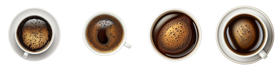 Realistic aerial depiction of a coffee cup on a clear backdrop, showcasing intricate details of a creamy surface and a sleek circular rim.