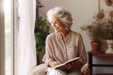 Cheerful Joyful Senior Woman reading the book in the living room, happy retirement life