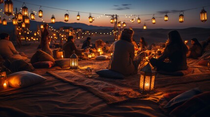 Festive New Year celebration in Arabian style, featuring traditional lanterns, intricate carpets, and a backdrop of desert dunes under starry skies - obrazy, fototapety, plakaty
