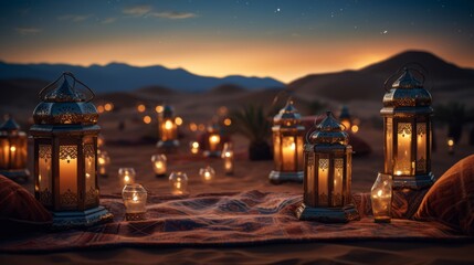 Festive New Year celebration in Arabian style, featuring traditional lanterns, intricate carpets, and a backdrop of desert dunes under starry skies