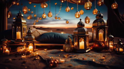 Festive New Year celebration in Arabian style, featuring traditional lanterns, intricate carpets, and a backdrop of desert dunes under starry skies - obrazy, fototapety, plakaty