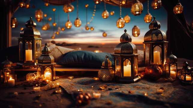 Festive New Year celebration in Arabian style, featuring traditional lanterns, intricate carpets, and a backdrop of desert dunes under starry skies