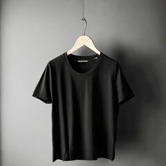 A black t shirt is hanging on a hanger with the word on it ai generated