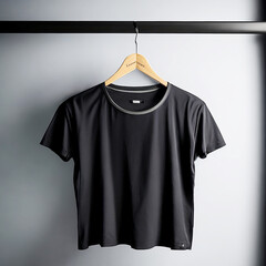 A black t shirt is hanging on a hanger with the word on it ai generated