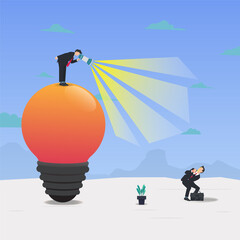 Businessman screaming in megaphone on big bulb and startled employee looking at megaphone vector illustration