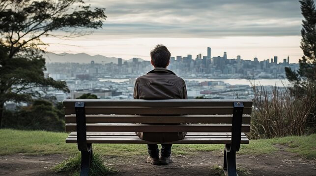 Lonely man sitting in park on bench