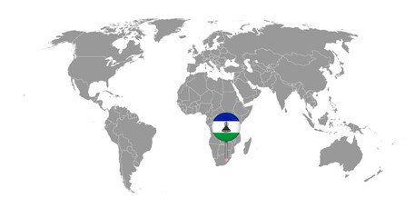 Pin map with Lesotho flag on world map. Vector illustration.