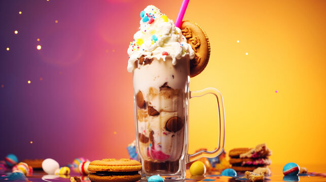 Crazy milkshake with cookies, chocolate and ice cream on a colorful background, front view
