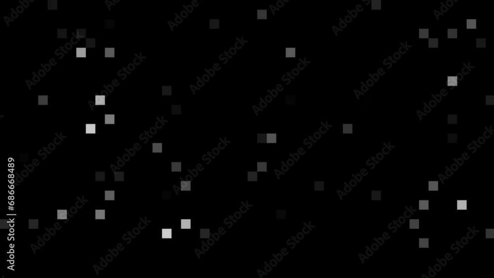 Poster animated dynamic white pixels appear on a black background. 4k video for your project.