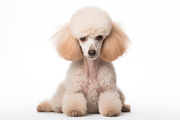 Full size portrait of light fur Poodle dog Isolated on white background