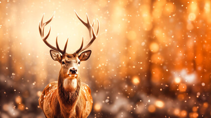 A deer with big antlers in a snowy forest.
