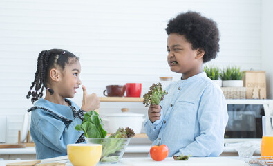 African little cute sister looking, smiling, thumbs up cheering her brother to eat fresh green salad vegetable at home kitchen. Boy with grimace, disgusting face. Children tasting vary vegetables - obrazy, fototapety, plakaty